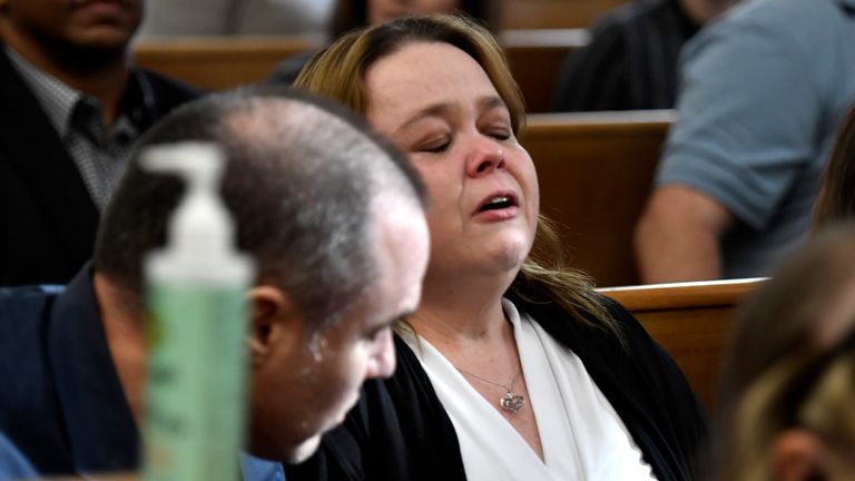 Kyle Rittenhouse's mother, Wendy Rittenhouse, reacts as her son is found not guilt on all counts at the Kenosha County Courthouse in Kenosha, Wis., on Friday, Nov. 19, 2021. Pic: AP