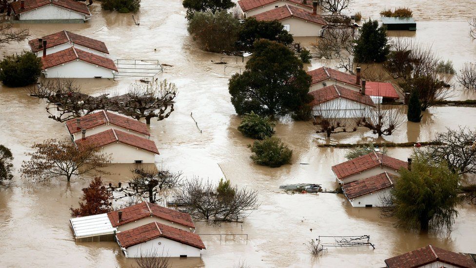 An aerial view taken with a drone shows flooded area of Huarte in Navarra, Spain, 10 December 2021, where River Arga has overflown due to the heavy rains registered during the last days