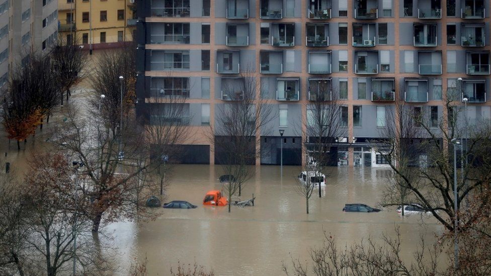 A flooded area in the aftermath of heavy rains in Pamplona, Spain, 10 December 2021