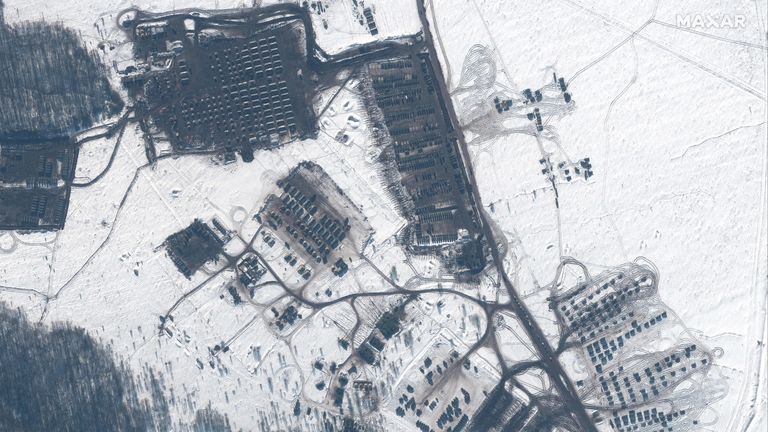 A satellite image shows troops and equipment at the Kursk training area, Russia, February 14, 2022. Picture taken February 14, 2022. Maxar Technologies/Handout via REUTERS ATTENTION EDITORS - THIS IMAGE HAS BEEN SUPPLIED BY A THIRD PARTY. NO RESALES. NO ARCHIVES. MANDATORY CREDIT. DO NOT OBSCURE LOGO
CREDIT:MAXAR/REUTERS