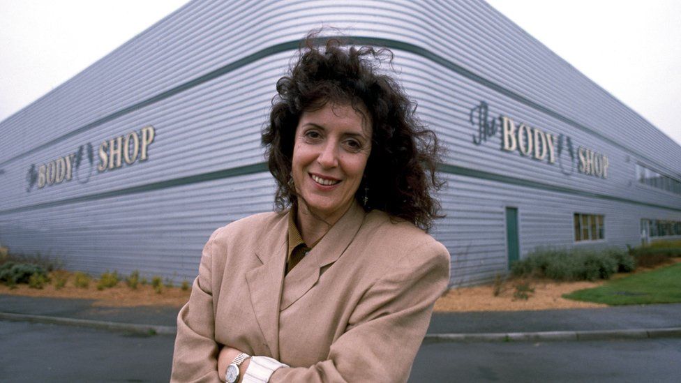 Anita Roddick outside Body Shop factory